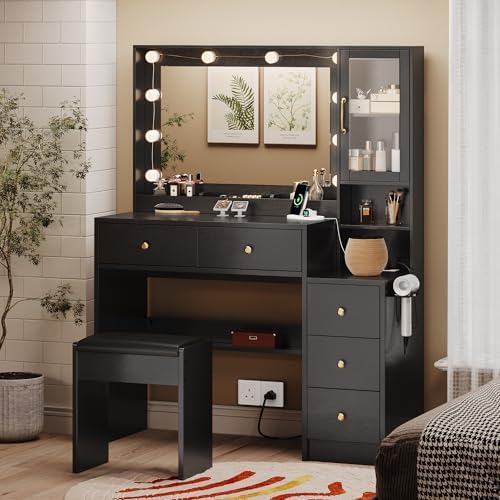 Makeup Vanity with Lights & Charging Station, Black Vanity Table with 5 Drawers & Open Storage Shelves, Vanity Desk with Mirror & Lights, Dressing Table Set, Bedroom Makeup Table Set Black Handle
