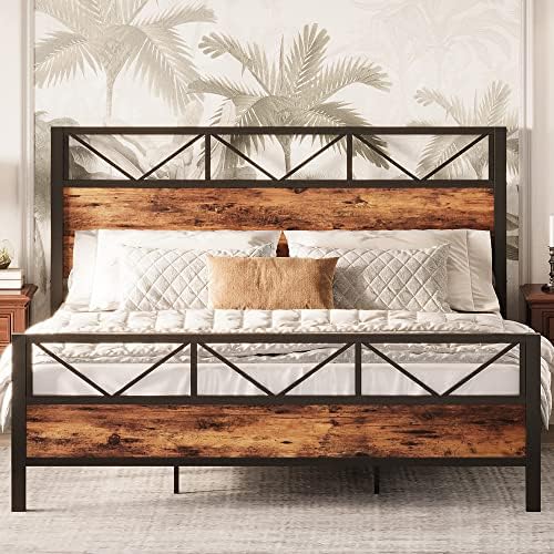 LIKIMIO King Bed Frame, Tall Industrial Headboard 51.2 ", Platform Bed Frame with Strong Metal Support, Solid and Stable, Noise Free, No Box Spring Needed, Easy Assembly, Vintage Brown