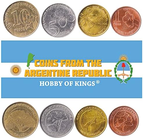 4 Coins from Argentina | Argentine Coin Set Collection 1 2 5 10 Pesos | Circulated 2017-2020 | Jacaranda | Jacaranda | Caldenia | Arrayan