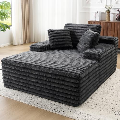 Jocisland 67 inch Chaise Lounge, No-Assembly Sofa Chaise with Throw Pillows and Armrests, Faux Fur Sleeper Sofa for Living Room, Apartments, Gray