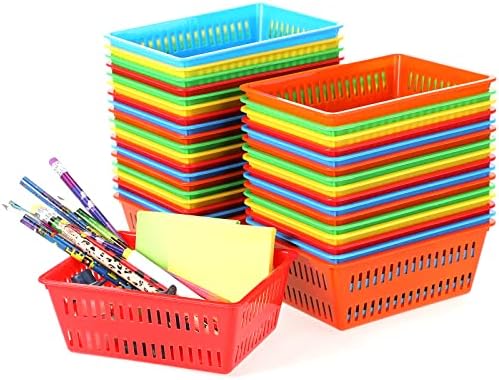 Sherr 36 Pack Classroom Storage Basket Small Plastic Basket for Organizing Crayon Pencil Container Storage Bin Tray Holder for Paper Shelf Christmas Office Supply 6.1" l x 4.3" w x 2.4" h(Colorful)