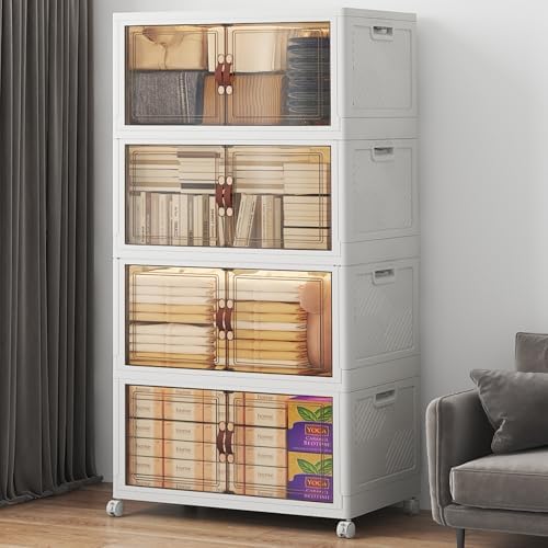480Qt Stackable Storage Bins with Lids, 4Pack Large Collapsible Bins with Wheels, Plastic Cabinet with Doors, Foldable Closet Organizers and Storage for Home, Dorm, Office, White