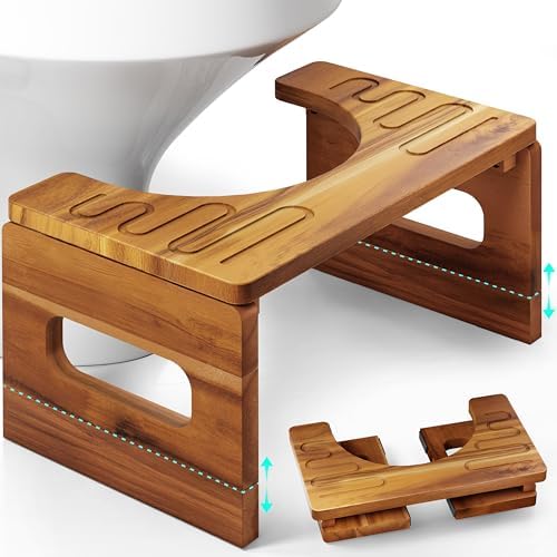 BLUEWEST Foldable Toilet Stool, 7'' and 9'' Adjustable Heights Acacia Wood Poop Stool for Potty Training,Durable Collapsible Bathroom Stool, Adjustable Height for Family Members with Non-Slip Layer
