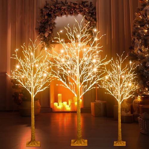 3 Pcs 3ft 4ft 5ft Lighted Birch Tree 8 Modes Christmas Artificial LED Warm White Lights Birch Tree for Indoor and Outdoor Home Decor Thanksgiving Holiday Decoration