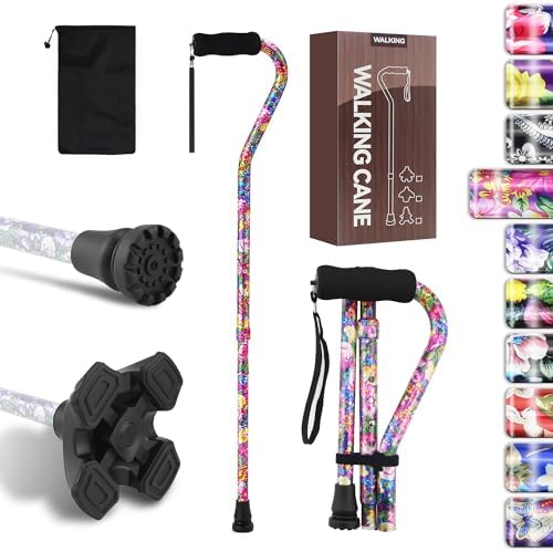 LIXIANG Foldable Offset Walking Cane Floral Printed 5-Level Adjustable Height Portable Self-Standing Walking Stick with 2 Cane Tips Soft Foam Handle for Seniors Women Ladies Adult Leg Injuried People