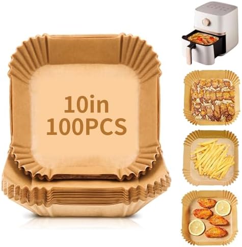 Air Fryer Liners for Midea - 100 Pcs Disposable Parchment Paper, Large Square 10 inch for 8-12QT Air Fryer, Non-Stick Unbleached Parchment Paper Sheets, for Frying, Baking, Roasting and Microwave