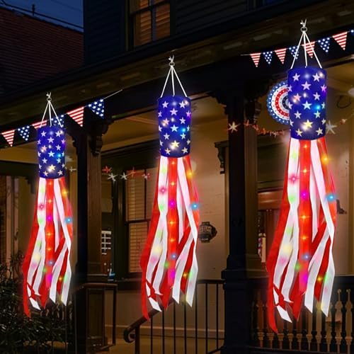 3 Pack 40" American Flag Windsock with Lights 4th of July Decorations, Red White Blue Star Stripes Patriotic Windsock Hanging Decorations for Memorial Day Independence Day Fourth of July Outdoor Decor
