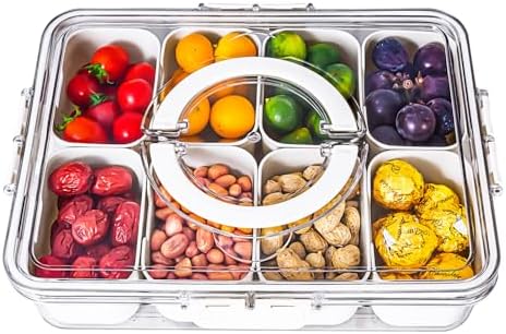 Divided Serving Tray with Lid and Handle - Snackle Box Charcuterie Container for Portable Snack Platters - Clear Organizer for Candy, Fruits, Nuts, Snacks - Perfect for Party, Entertaining