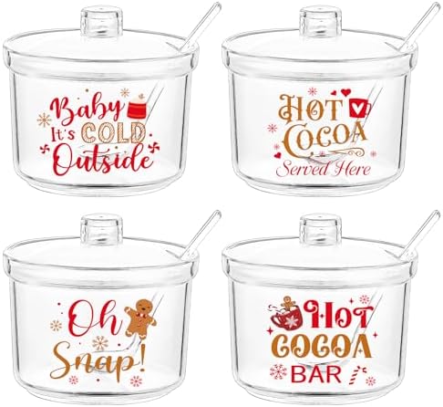 4 PCS Hot Cocoa Bar Accessories Hot Chocolate Bar Containers Acrylic Christmas Sugar Bowl with Lid and Spoon 7.4 Oz Storage Container for Snack Condiment Holiday Home Winter Xmas Party