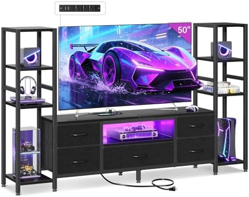 Casaottima TV Stands for 40/43/50 Inch TV, Entertainment Center with LED Lights & Power Outlets, TV Stand Living Room with 5 Fabric Drawers, TV Console Cabinet for Bedroom, Black