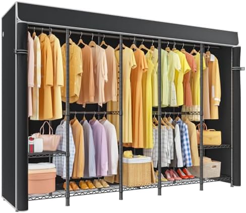 H50C Extra Large Clothes Rack with Cover, Freestanding Portable Closet, Covered Clothing Racks for Hanging Clothes, Heavy Duty Garment Rack, Wardrobe Closet with Black Cover Max Load 1350 Lbs