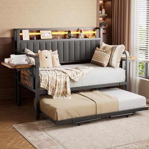 Daybed with Trundle and LED Light, Heavy Duty Metal Twin Bed Frame with Upholstered Storage Headboard & Charging Station, Day Bed Pop Up Trundle Bed Twin for Living Room,Bedroom and Guest Room, Brown