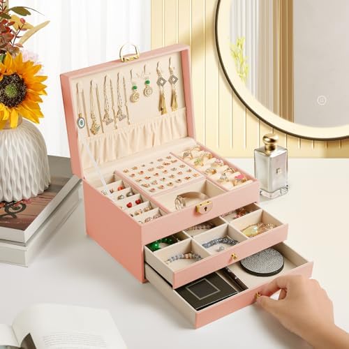 3 Layer Jewelry Box, Jewelry Holder with Lockable Drawer, Large Jewelry Boxes & Organizer with Velvet Earring Holder, Gifts for Mom Women