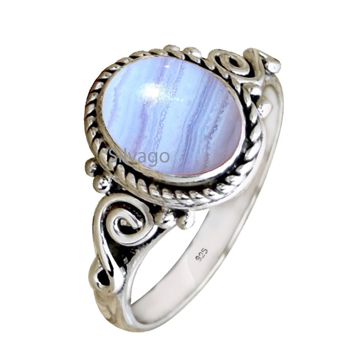 925 Sterling Silver Ring for Womens Blue Lace Agate Ring, Engagement Ring Bezel Set Genuine Gemstone Ring, Christmas Gift (Blue Lace Agate, 8)