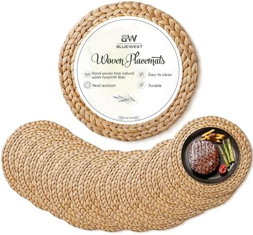 BLUEWEST Woven Placemats (Set of 10) Round Rattan Wicker Water Hyacinth Braided Placemats, Heat Resistant/Anti-Slip (12'', Set 10)
