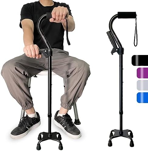 AOHHL Quad Walking Cane Foldable Adjustable Portable Stick Men & Women and Seniors - Lightweight & Sturdy with 4-Pronged Base for Extra Stability Balance,Self Standing Gifts for mom Dad