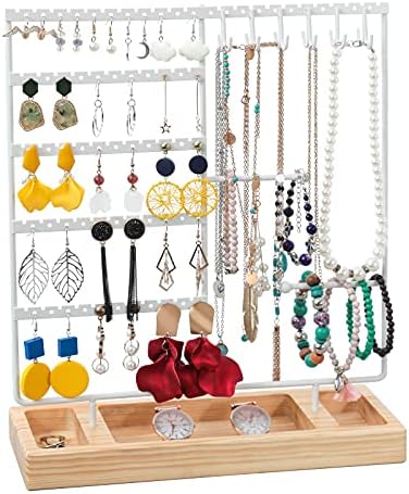 X-cosrack Earring Holder, 5-Tier Jewelry Organizer with Wooden Tray, 132 Holes, White+Natural