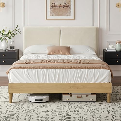 VECELO Full Bed Frame Upholstered Platform Beds with Height-Adjustable Cotton and Linen Headboard, Heavy Duty Wood Slats, 6" Under-Bed Space, Noise-Free, No Box Spring Needed, Easy Assembly