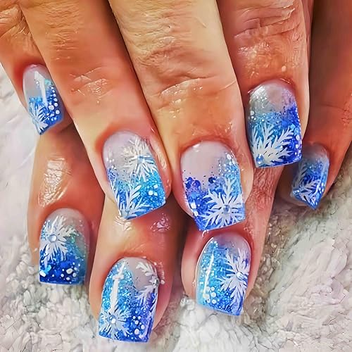 Christmas Press on Nails Short Square Fake Nails Glitter Gradient False Nails with Rhinestones Snowflake Design Holiday Winter Stick on Nails Blue French Tip Acrylic Nail for Women Nail Art DIY 24Pcs