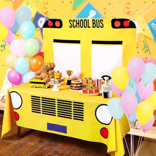 Oudain 2 Pcs School Bus Party Decorations First Day of School Banner and Tablecloth Yellow Bus Tablecover and Backdrop for Boys Girls Birthday Theme Party Favor(107.9 x 53.9 Inches)