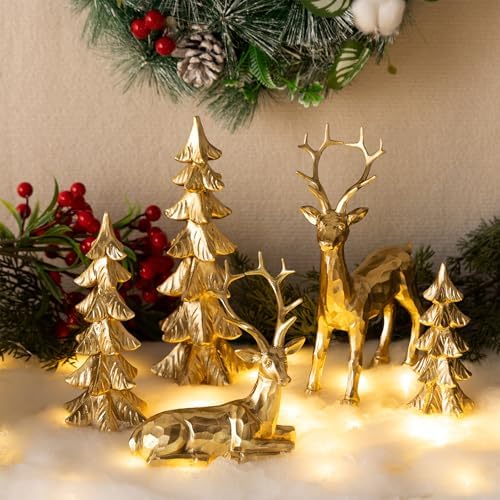 5Pcs Gold Christmas Reindeer Statue Set with Christmas Tree Statues, Tabletop Reindeer Christmas Decor, Gold Deer Figurine for Home Decoration (Gold & Silver)