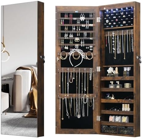 LED Jewelry Cabinet Armoire Organizer,Wall/Door Mount Jewelry Organizer and Storage with Full-Length Mirror Hanging Jewelry Organizer Full Length Mirror with Storage Large Capacity