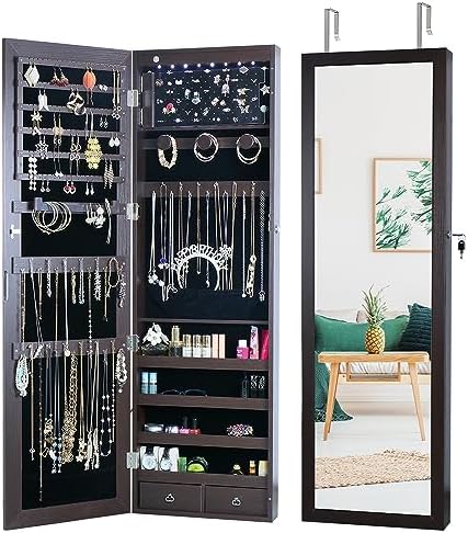 8 LED Lights Jewelry Armoire with Mirror - 47.3' H Cabinet Door Hanging/Wall Mounted Mirror With Storage And 2 Drawers - Brown