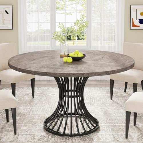 Tribesigns Round Dining Table, 47-Inch Farmhouse Dinning Room Table, Industrial Dinner Table with Metal Base, Grey