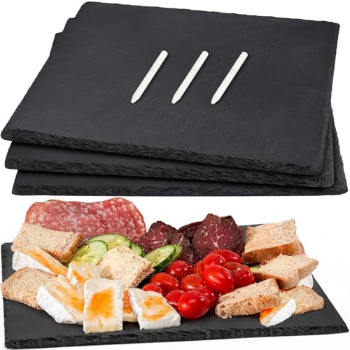 12 x 10 In 4 Pack Slate Cheese Boards, Black Stone Plates Charcuterie Board Gourmet Serving Tray Cheese Platter Display Chalkboard with Soapstone Chalk for Sushi, Party, Gifts, Meat, Appetizer