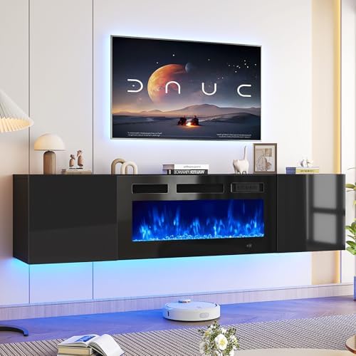 oneinmil 70" Floating TV Stand with 36" Electric Fireplace, Wall Mounted Fireplace Entertainment Center with Storage, Fire Place TV Console for Living Room, All Black
