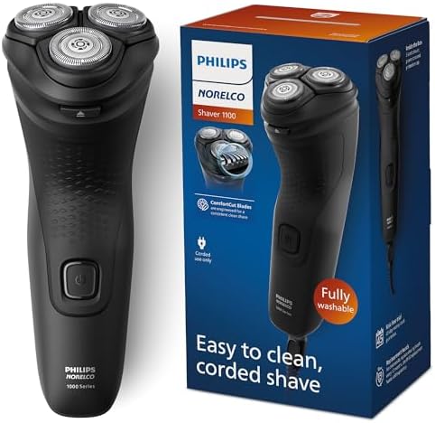 Philips Norelco Shaver 1100 Series, Dry Electric Shaver, 27 Self-Sharpening ComfortCut Blades, 4D Floating Heads, P-Cap, Deep Black, Model S1016/90