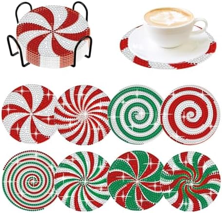 8 Pieces Christmas Candy Diamond Coasters with Holder 5D DIY Christmas Candy Diamond Art Coasters for Drinks Diamond Arts Kits for Christmas Holiday Gift