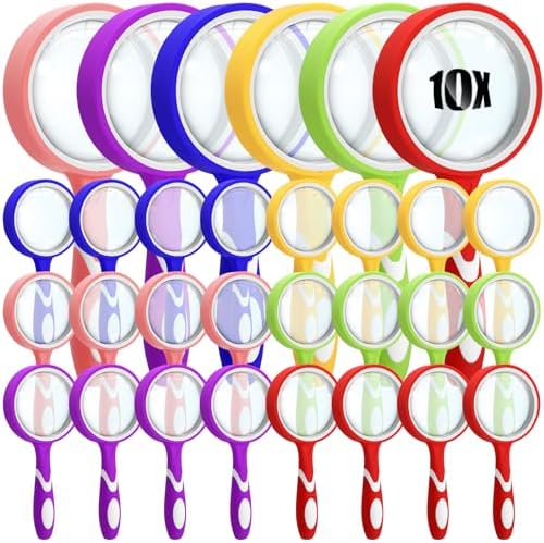 Xuhal 10X Magnifying Glass Handheld Shatterproof Reading Magnifier for Seniors and Kids, 50mm Colored Magnifying Lens with Non Slip Rubber for Observation Exploration Science (Bright Color,24 Pcs)