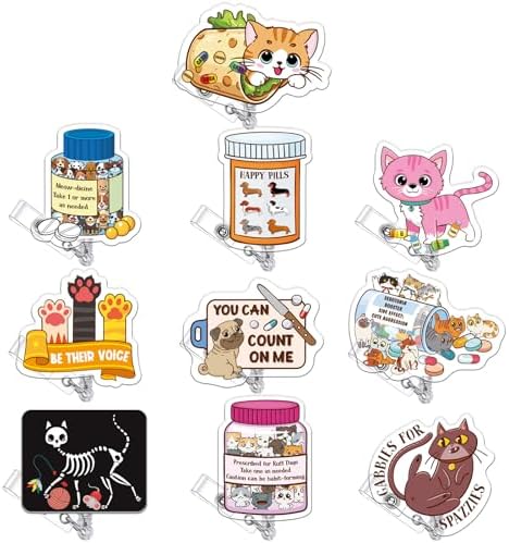 Landical 10 Pcs Funny Vet Tech Badge Reel - Animal and Dog Cat Retractable ID Card Holder - Veterinary Gift Accessories for Office Christmas Birthday