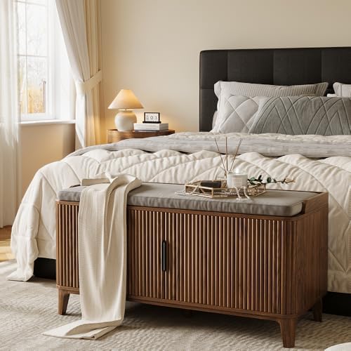 39.4" Fluted Shoe Cabinet Storage with Bench, 2-Tier Entryway Bench with Adjustable Shelves and Detachable Cushioned Seat, Shoe Organizer Bench Cabinet for Entryway, Living Room, Hallway Walnut