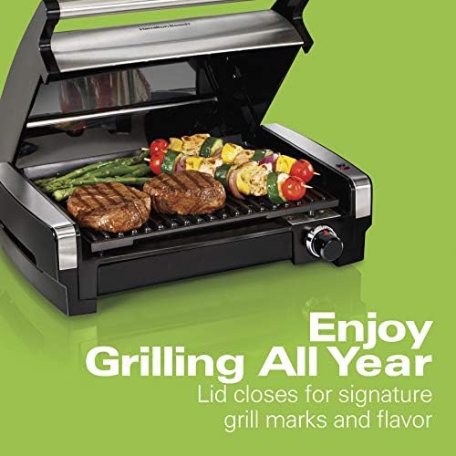 Hamilton Beach Electric Indoor Searing Grill with Adjustable Temperature Control to 450F, 118 sq. in. Surface Serves 6, PFAS-Free Removable Nonstick Grate, Stainless Steel (25360)