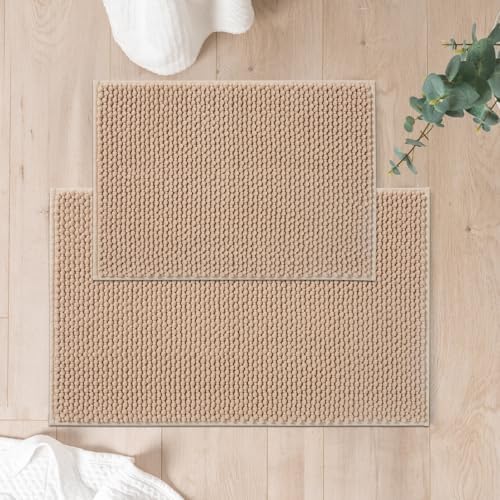FRESHMINT Chenille Bathroom Rugs Set - 2 Piece 17"x24"+20"x32", Non-Slip Absorbent Bath Mats, Washable Set of 2 Shower Floor Mats, Beige