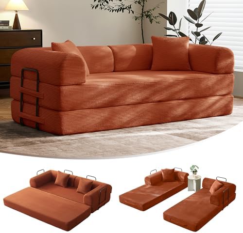 79" Convertible Sofa Bed with Fixed-Shape Frame & Removable Armrests, Modular Corduroy Sleeper Sofa, Folding Mattress Couch for Small Spaces - No Assembly Needed in Orange (Includes 2 Pillows)