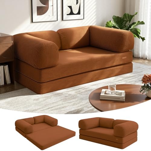 COMAX Futon Sofa Bed, 4-in-1 Floor Foldable Sofa Couch Bed Queen with L-Shaped Armrests, Convertible Folding Chair Bed Corduroy Sleeper Mattress Fold Out Comfy Lounge for Living Room, Orange