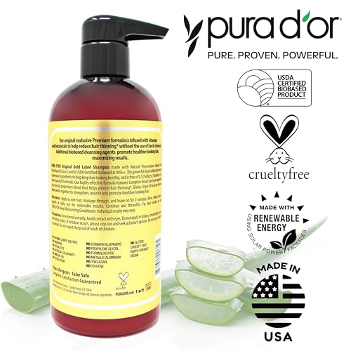PURA D'OR 16 Oz Original Gold Label Anti-Thinning Biotin Shampoo Natural Earthy Scent, CLINICALLY TESTED Effective Results, Herbal DHT Blocker Hair Thickening Products, Women & Men, Color Treated Hair