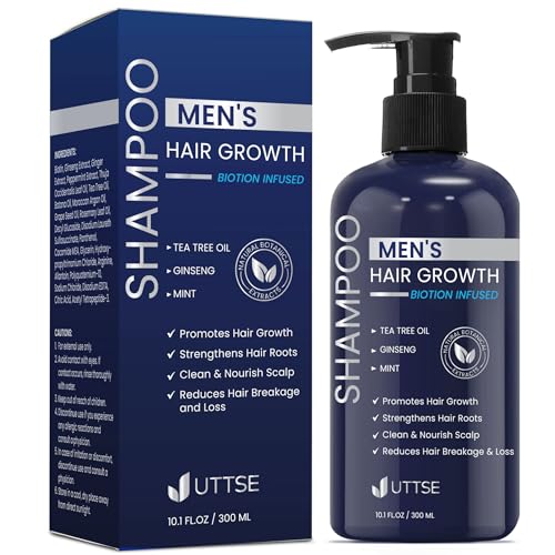 Biotin Hair Growth Shampoo for Men: Natural Thickening Shampoo with Tea Tree Oil Ginseng Mint for Hair Loss and Thinning Hair - 10.1 fl.oz, Dark Blue