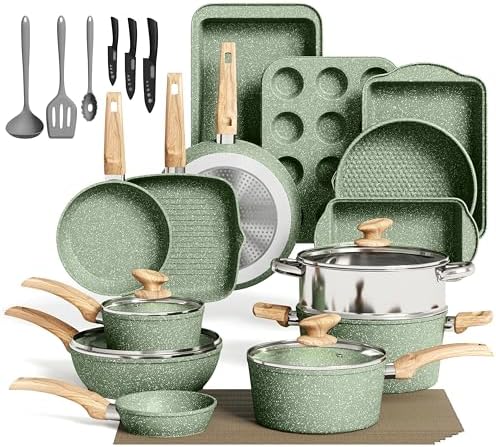 MAISON ARTS 30 Piece Pots and Pans Set Non Stick, Kitchen Cookware & Bakeware Sets with Nonstick Granite Coating, Baking Tray, Frying Pan and Saucepan, Green