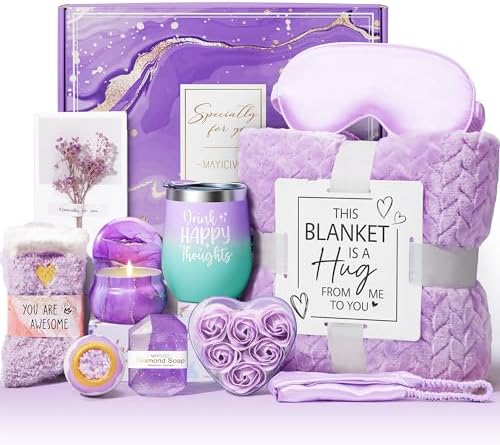 Birthday Gifts for Women Self Care Gifts Get Well Soon Gifts, Lavender Relaxing Spa Gifts Basket Care Package w/ Luxury Flannel Blanket, Unique Christmas Gifts Idea for Mom Her Friend Sister Wife