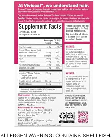 Viviscal Hair Growth Supplements for Women, Dietary Hair Supplement Tablets With AminoMar Collagen Complex, Biotin, Zinc, Vitamin C, and Iron, Nourish Thinning Hair, 30 Day Supply, 60 Count