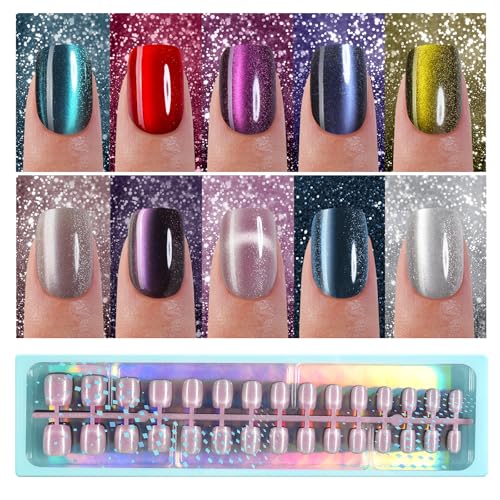 Vansiho 300Pcs Cat Eye Press on Nails, Glossy Glitter Cat Eye Designs Nail Tips for Women, Short Square Soft Gel Fake Nails, for Women and Girls Glossy Reusable Nail Tips in 15 Sizes