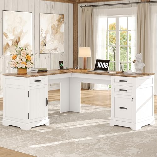 Whalefall Farmhouse L Shaped Desk with Drawers, 67 Inch Executive Home Office Desk with File Cabinet, Computer Corner Desk with Charging Station, White