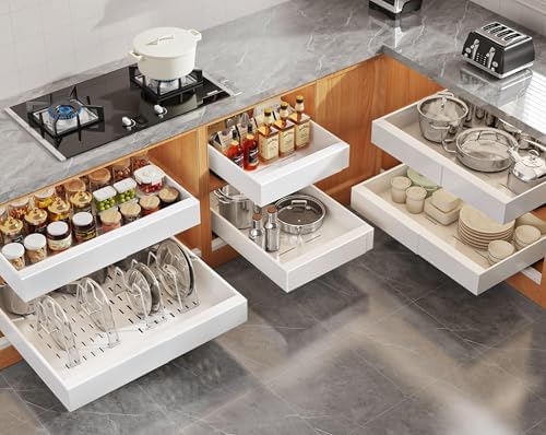 6Pack Expandable Pull Out Cabinet Organizer 21"Deep With Raising Pad for Framed Cabinets,Slide Out Drawers with 4pcs Divider Racks,Roll Out Shelves Adhesive,Adjustable Width 12.05"-20.4"White