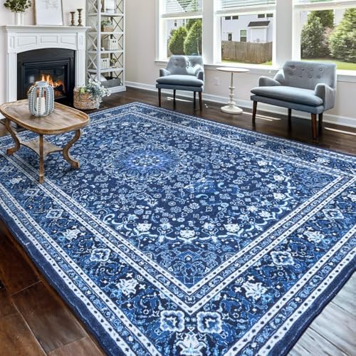 Lessymo 8 x 10 Area Rugs for Living Room- Machine Washable Area Rugs Boho Faux Wool Low Pile Area Rug for Bedroom Floral Medallion Vintage Rugs with Non-Slip Rubber, Kid & Pet Friendly, Blue White
