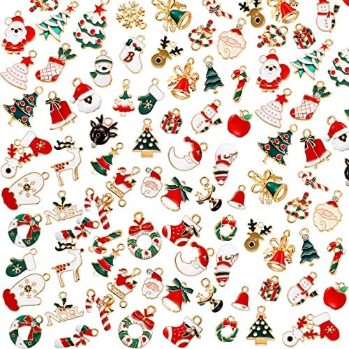 100 Pcs Mini Christmas Charms for Jewelry Making DIY Bulk Assorted Gold Alloy Santa Claus Snowman Reindeer Christmas Pendant for Xmas Earrings Bracelet Necklace Keychain Craft DIY Making Supply Decor