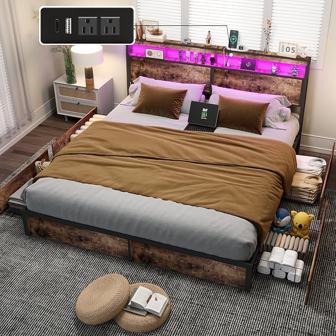 King Size Bed Frame with 4 Storage Drawers and Headboard with Charging Station and LED Lights,2 Tier Solid Wood Headboard Storage,Noise Free,Easy Assembly, Vintage Brown